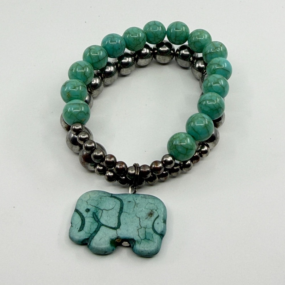 Boho Turquoise Color Elephant Charm Beaded Stretch Bracelet Stack Statement